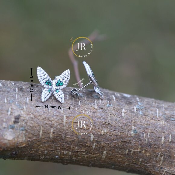 Sterling Silver Butterfly Earrings • Emerald & Clear CZ • Luxe Wing Design. - Picture 7 of 7